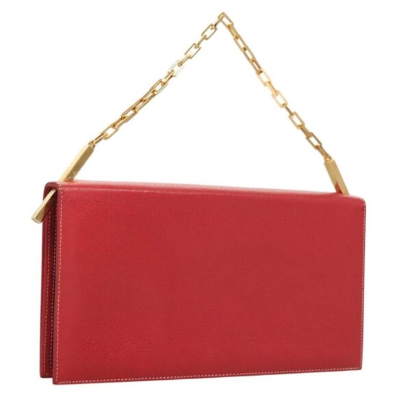 FENDI Chain Shoulder Bag Leather Red Gold Auth - Picture 1 of 16